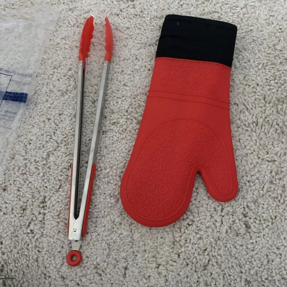 Smart Home Silicone Oven Mitt With Large Tong Set RED New